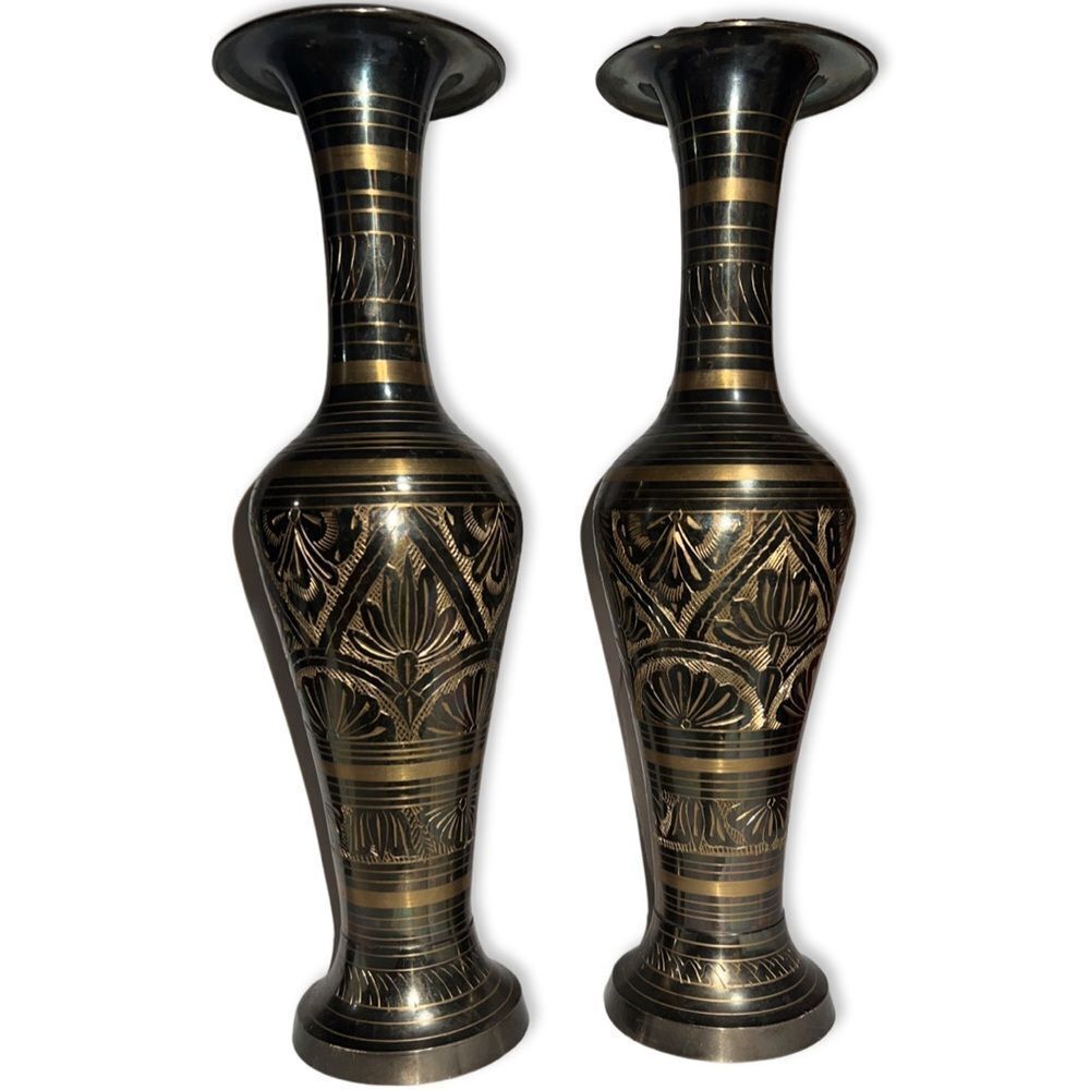 Set of Two Vintage Brass Hand Etched Floral Vases